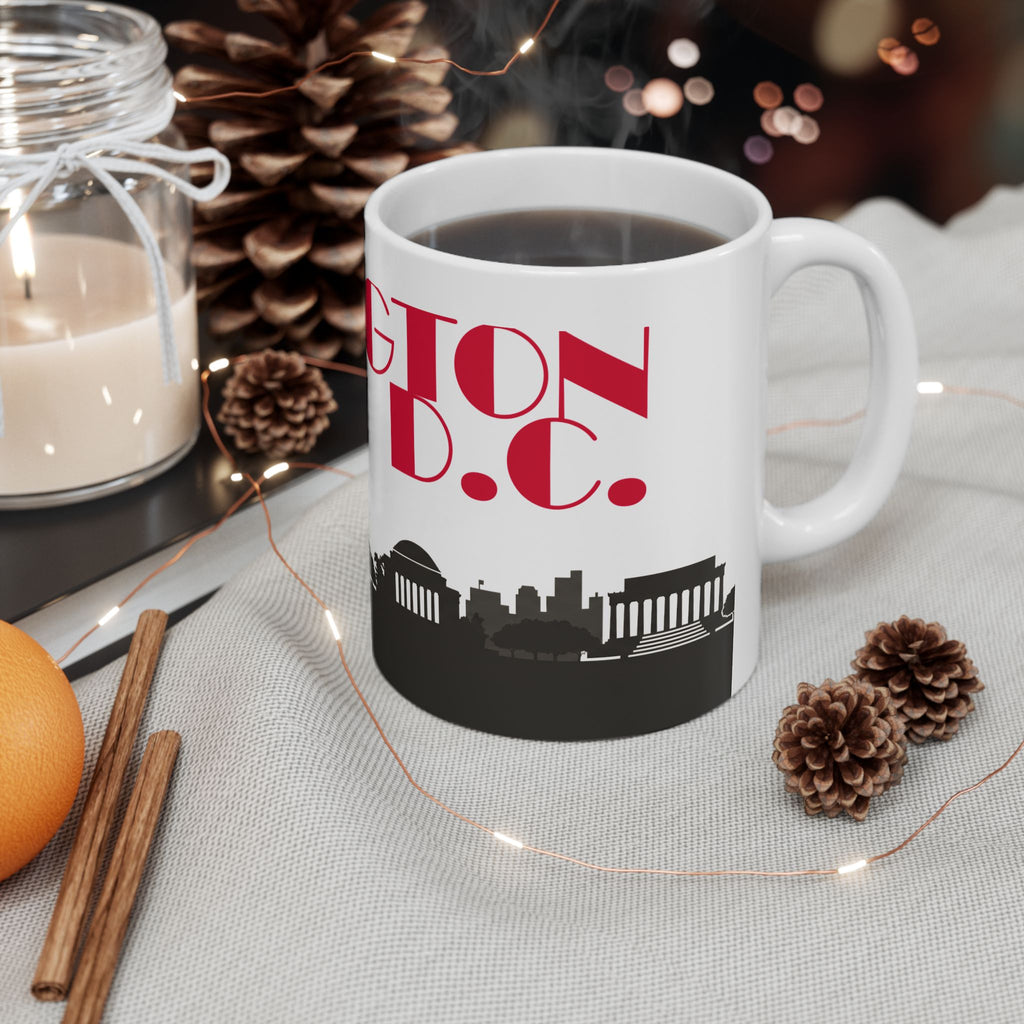 White ceramic mug with red 'GTOWN D.C.' text and black skyline silhouette, filled