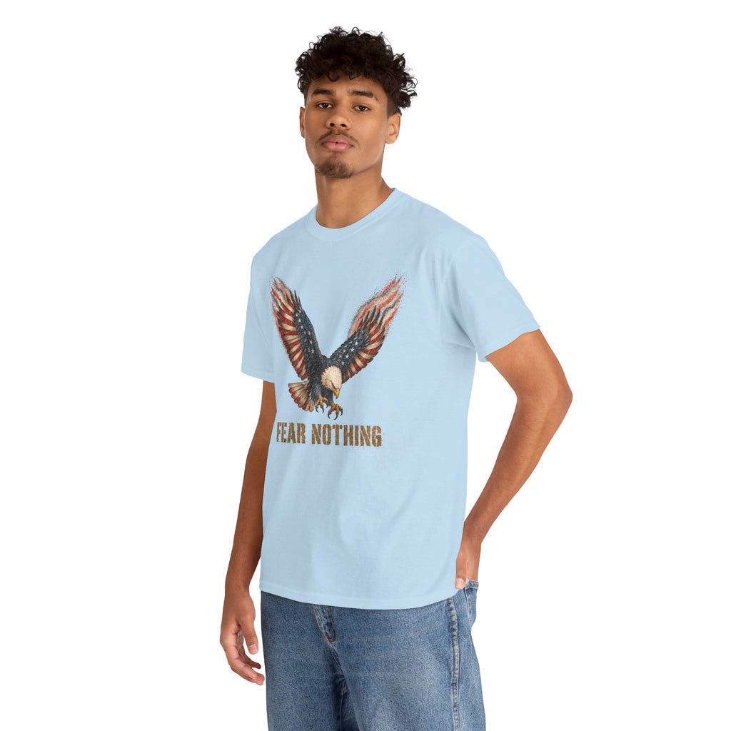 Light blue crew-neck T-shirt with eagle wings American flag graphic and “Fear Nothing”