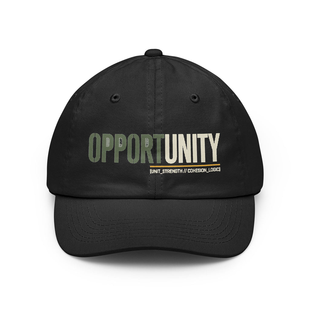 Black dad hat with embroidered “OPPORTUNITY” text on the front