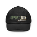 Black dad hat with embroidered “OPPORTUNITY” text on the front