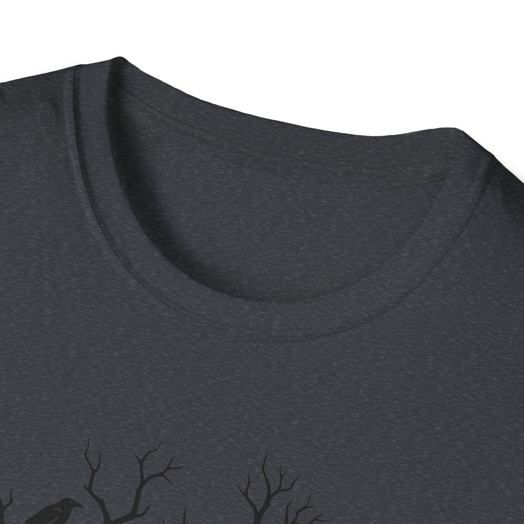 Dark heather grey T-shirt with partial bare-branch and crow graphic