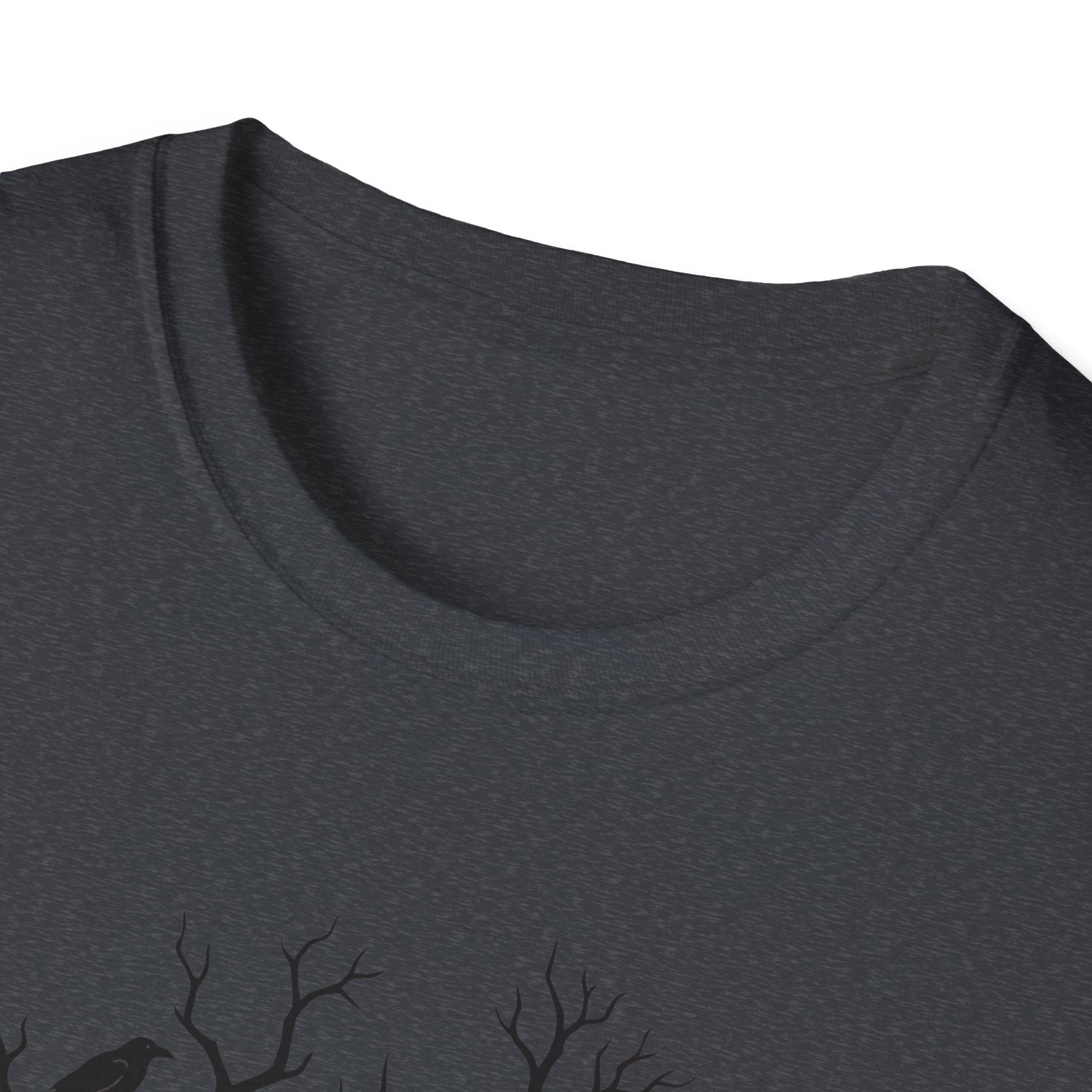 Dark heather grey T-shirt with partial bare-branch and crow graphic