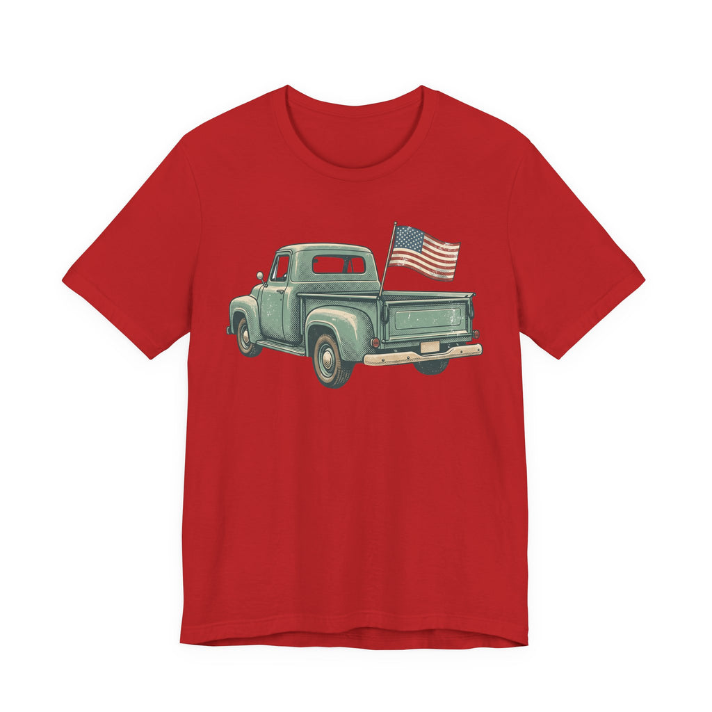 Red pickup truck graphic T-shirt with small American flag