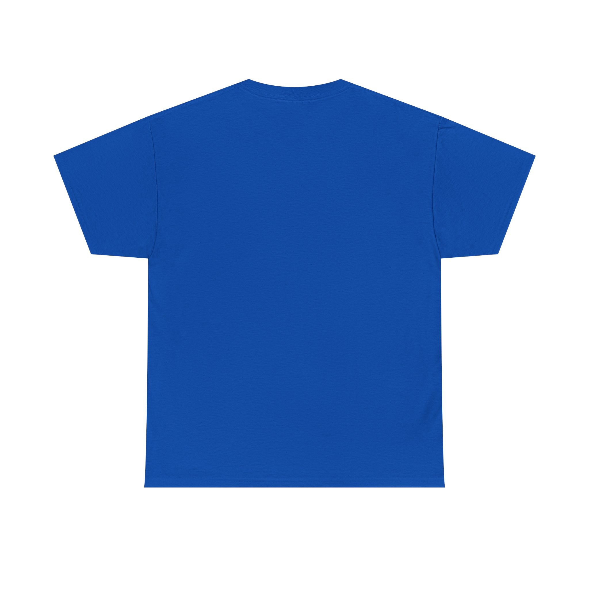 Bright blue crew-neck T-shirt, plain back view with short sleeves and hem.