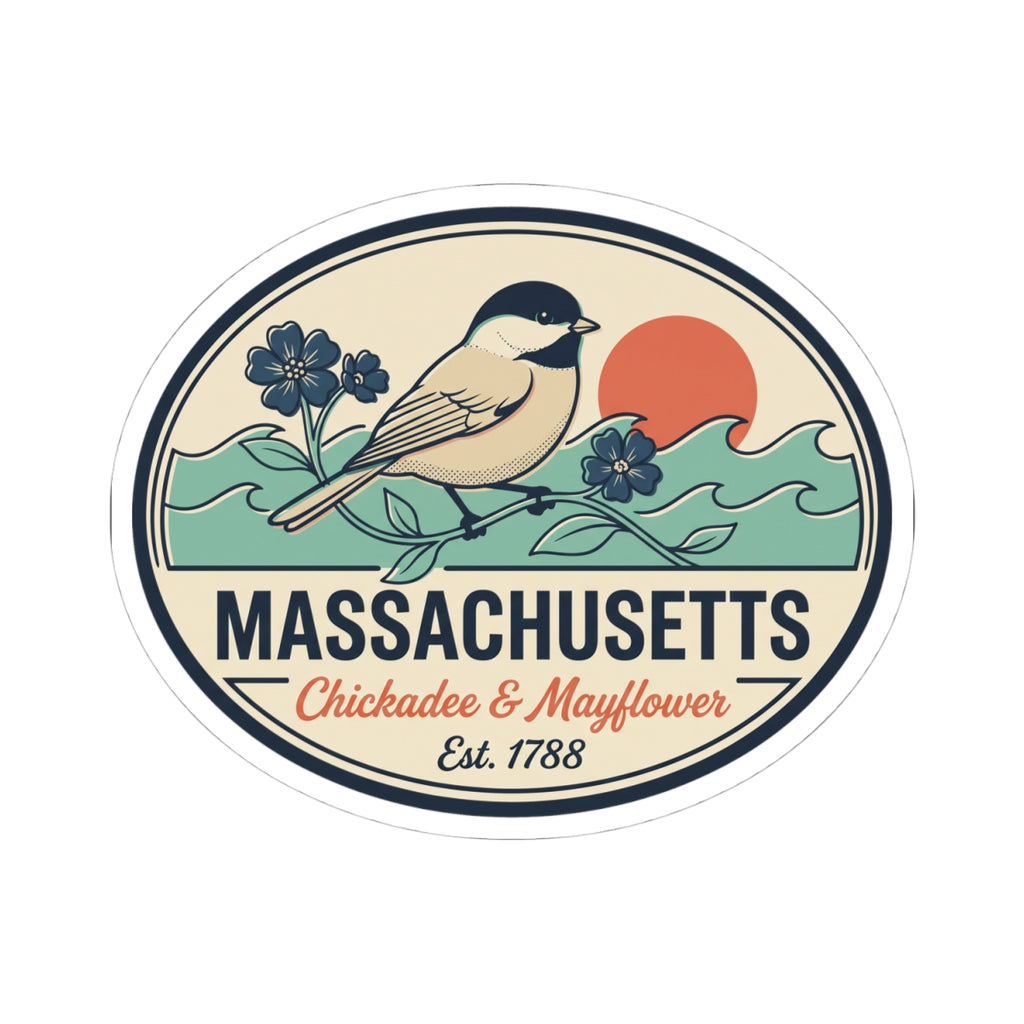 Round Massachusetts state badge vinyl sticker, chickadee on branch with 'Est. 1788'