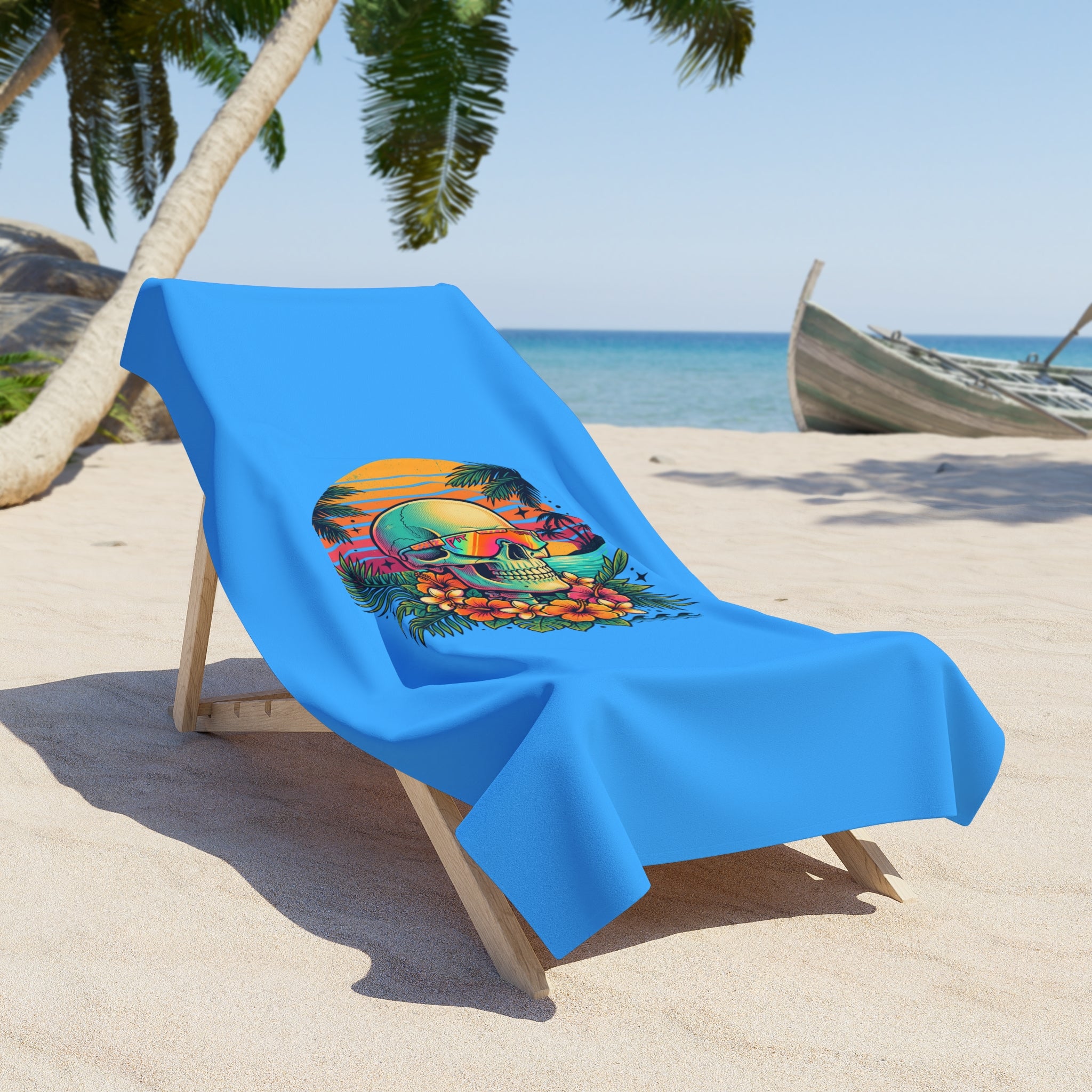 Blue beach towel on chair with colorful skull and floral tropical design