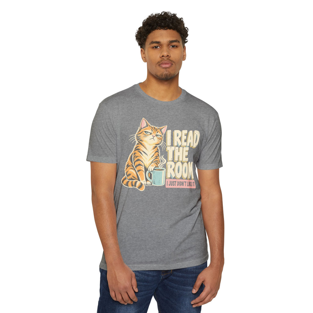 Heather gray crewneck T-shirt with orange tabby cat holding coffee mug and slogan