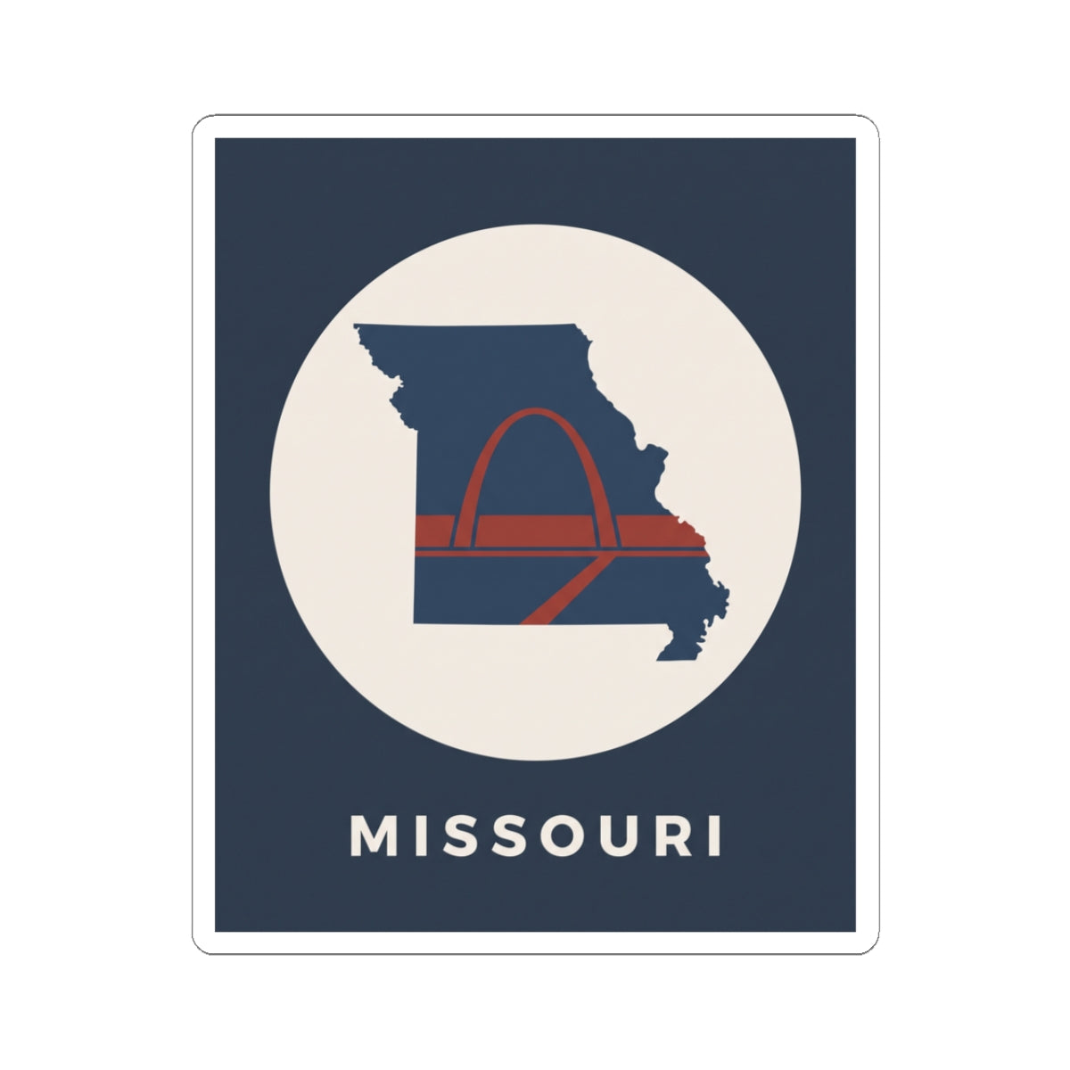 Missouri state map sticker with arch graphic in a cream circle on dark blue