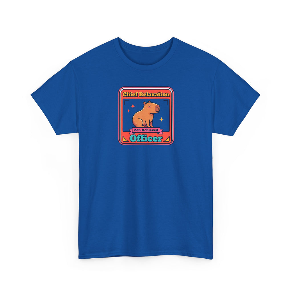 Royal blue crew-neck T-shirt with capybara zen 'Officer' graphic front