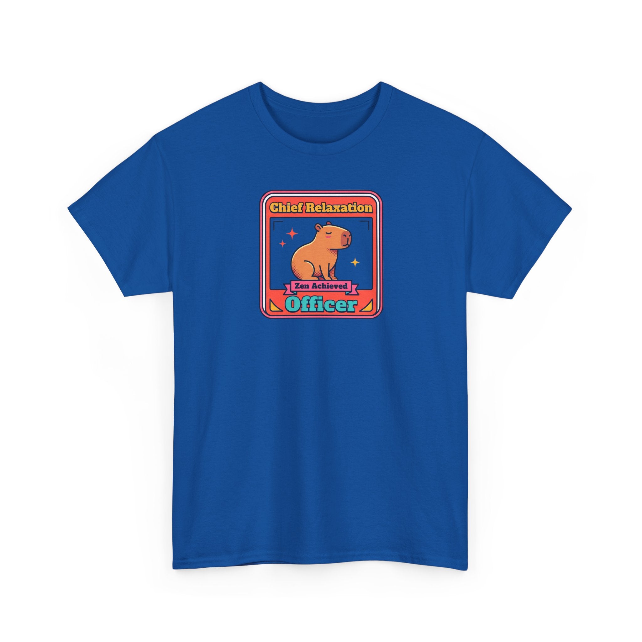 Royal blue crew-neck T-shirt with capybara zen 'Officer' graphic front