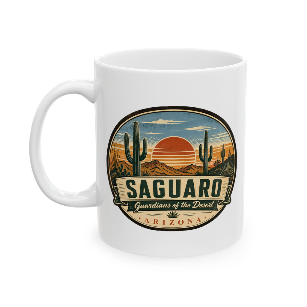 White ceramic coffee mug with SAGUARO badge graphic and Arizona text