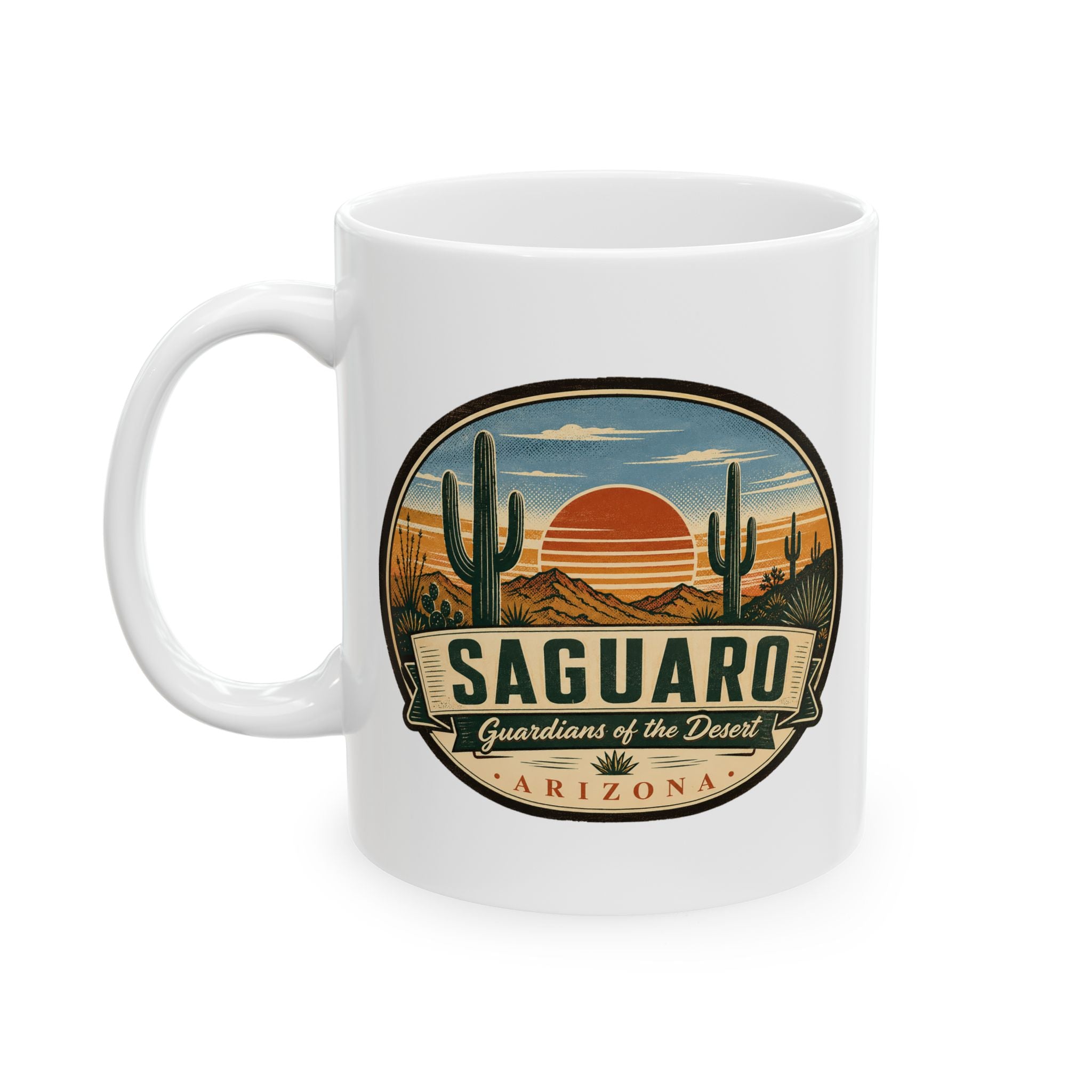 White ceramic coffee mug with SAGUARO badge graphic and Arizona text