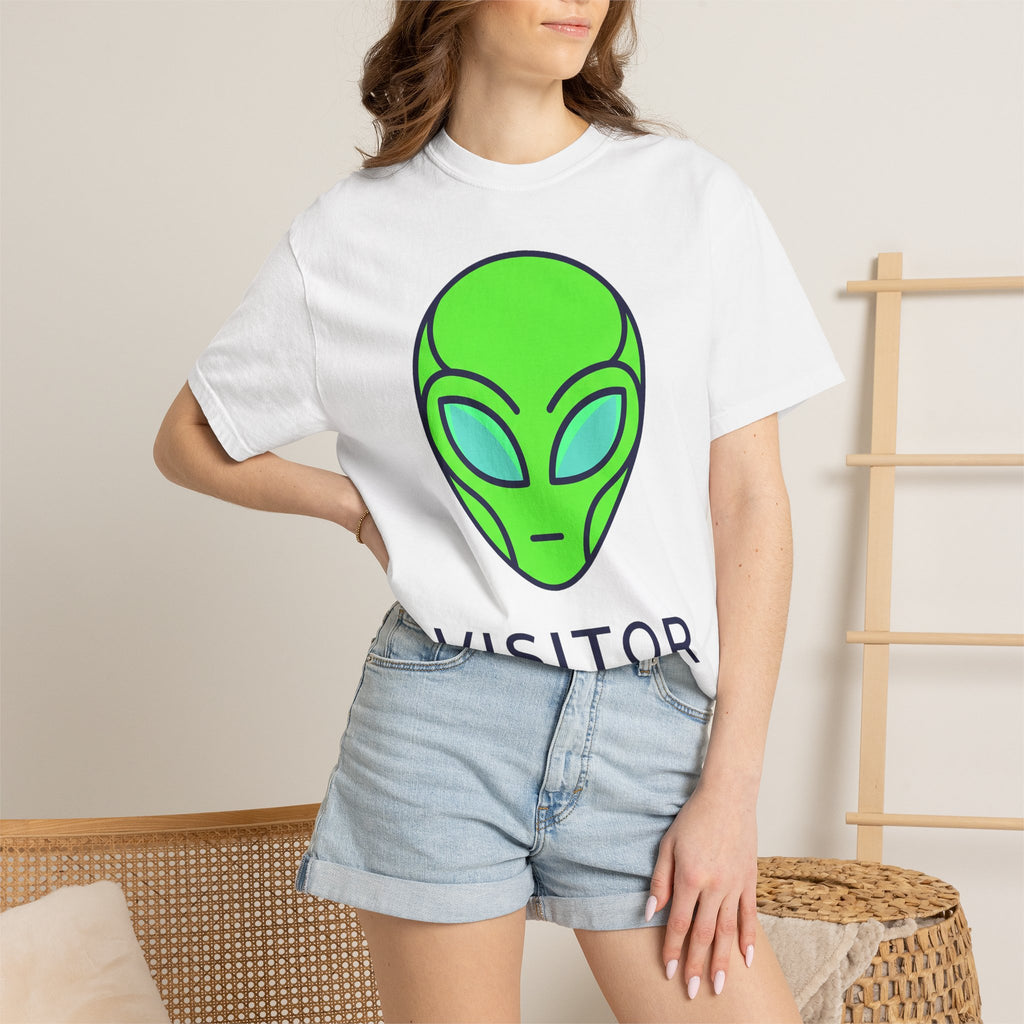 Alien face graphic T-shirt in white with neon green and blue print at center chest