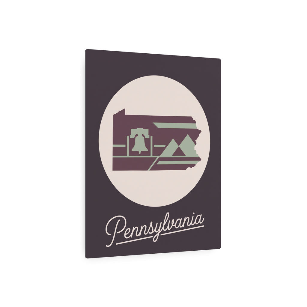 Mauve square Pennsylvania metal wall sign with oval landscape graphic and “Pennsylvania” script