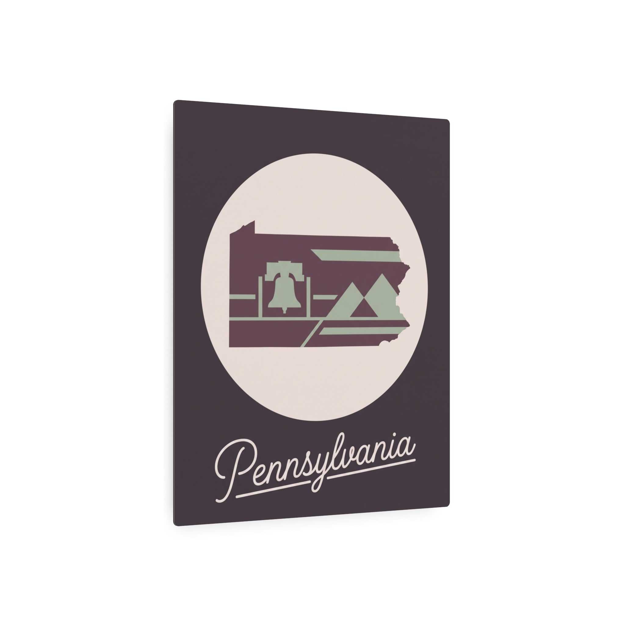 Mauve square Pennsylvania metal wall sign with oval landscape graphic and “Pennsylvania” script