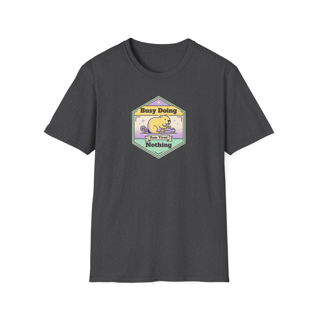 Charcoal gray short-sleeve T-shirt with “Busy Doing Nothing” sloth graphic