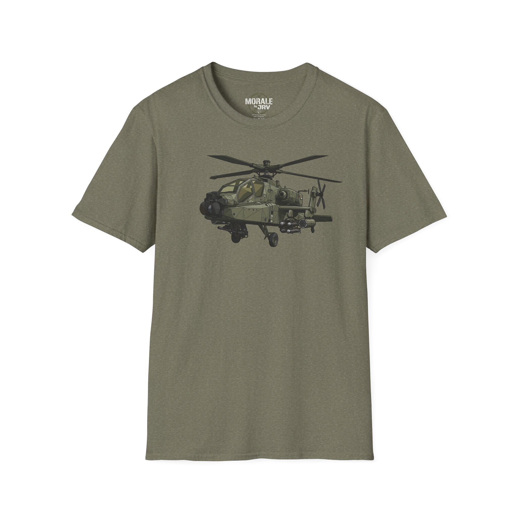AH-64 Apache T-Shirt in military green with front helicopter graphic