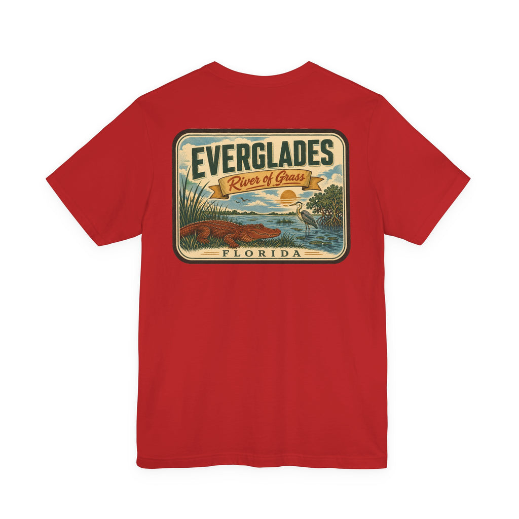 Everglades graphic T-shirt in red with centered rectangular River of Grass scenic print