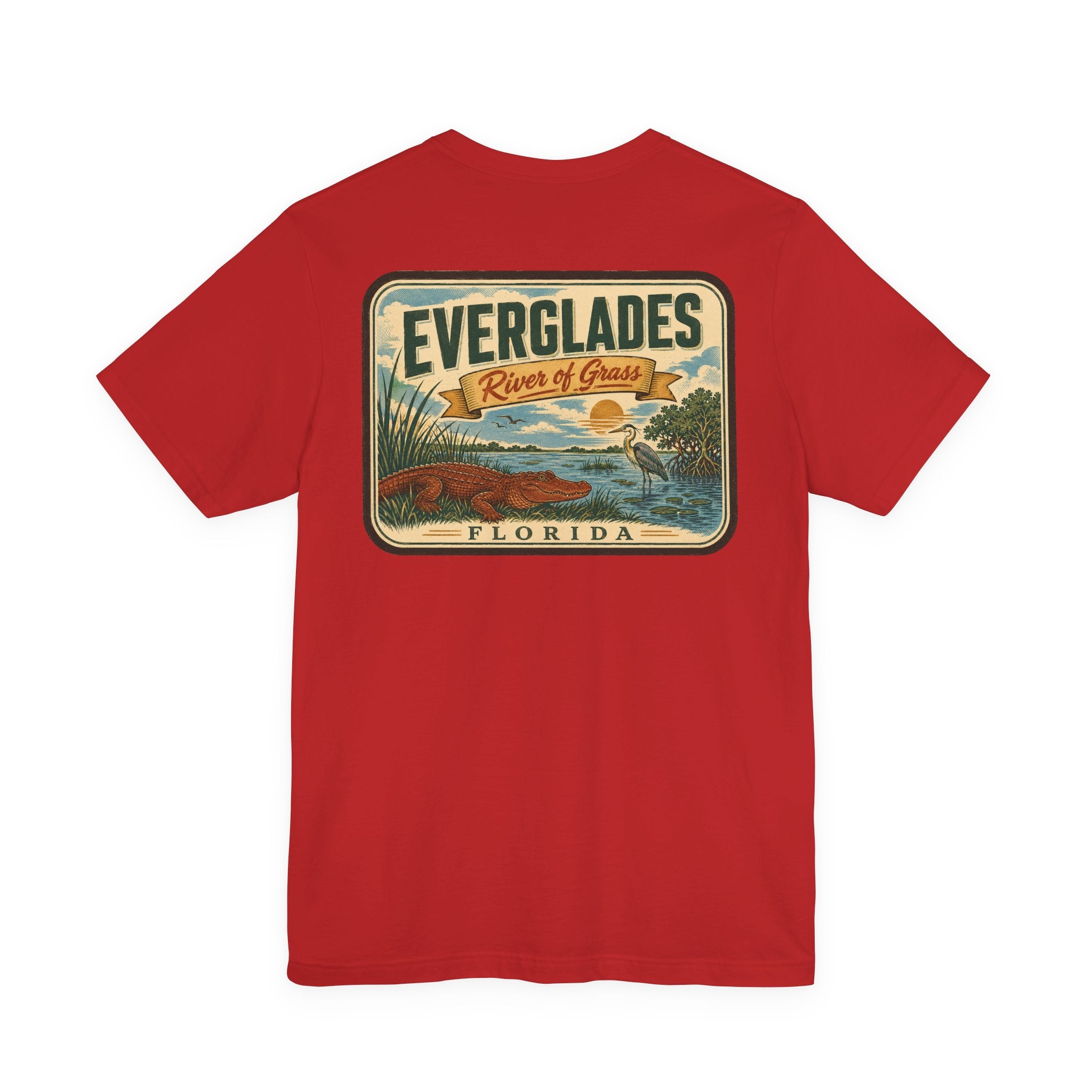 Everglades graphic T-shirt in red with centered rectangular River of Grass scenic print