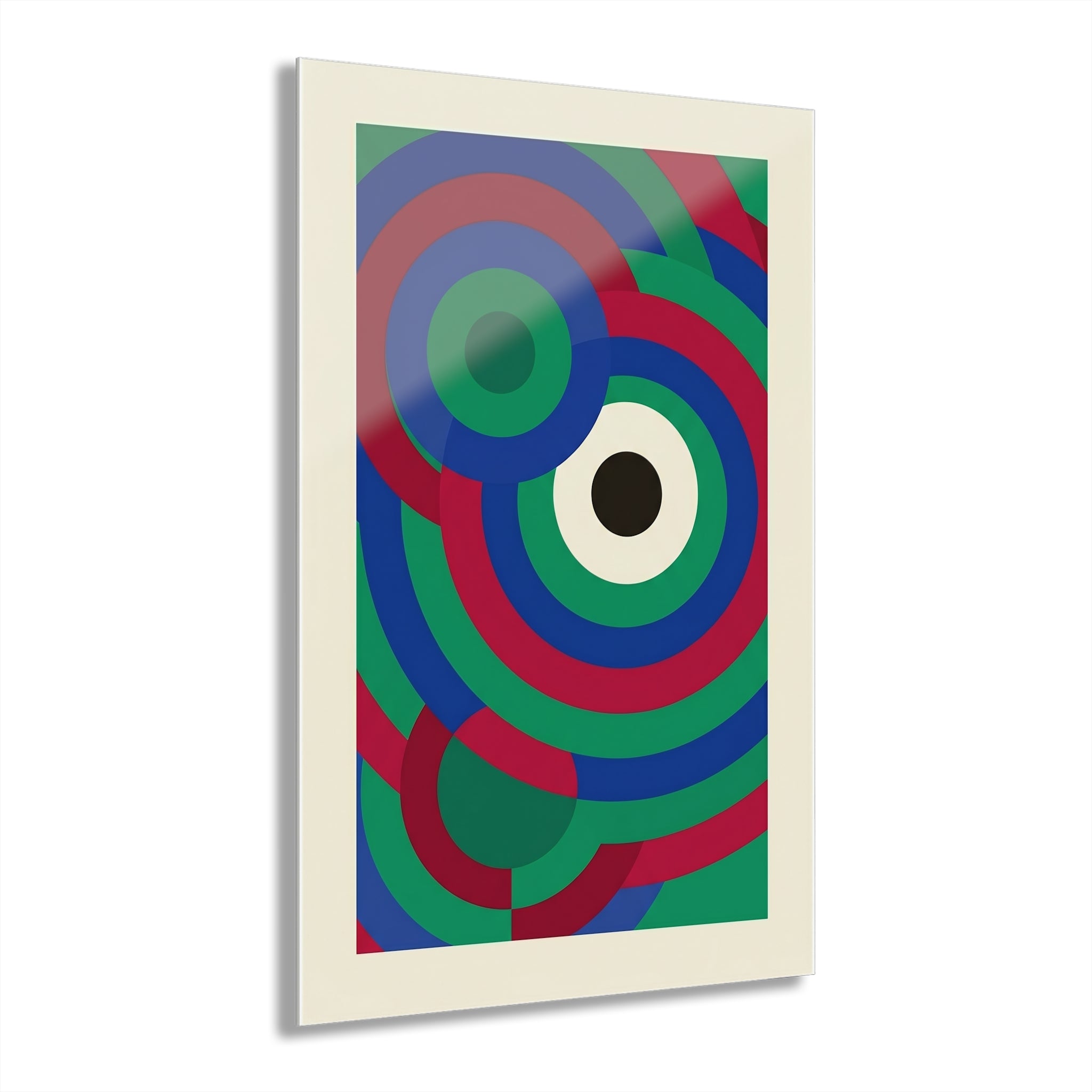 Concentric circles wall art: bold blue, green and red rings with two eye-like circles