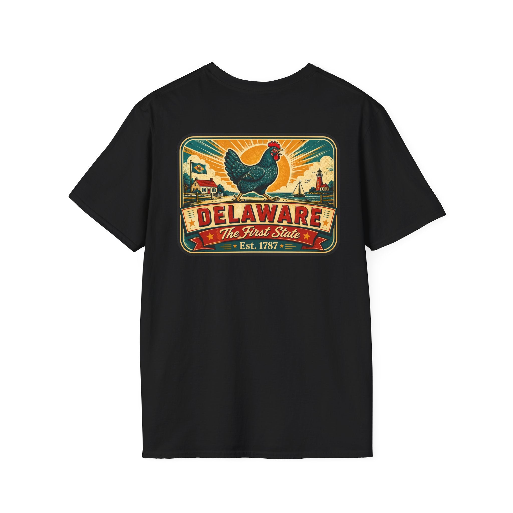 Black Delaware travel badge T-shirt with colorful hen and “Delaware” front graphic