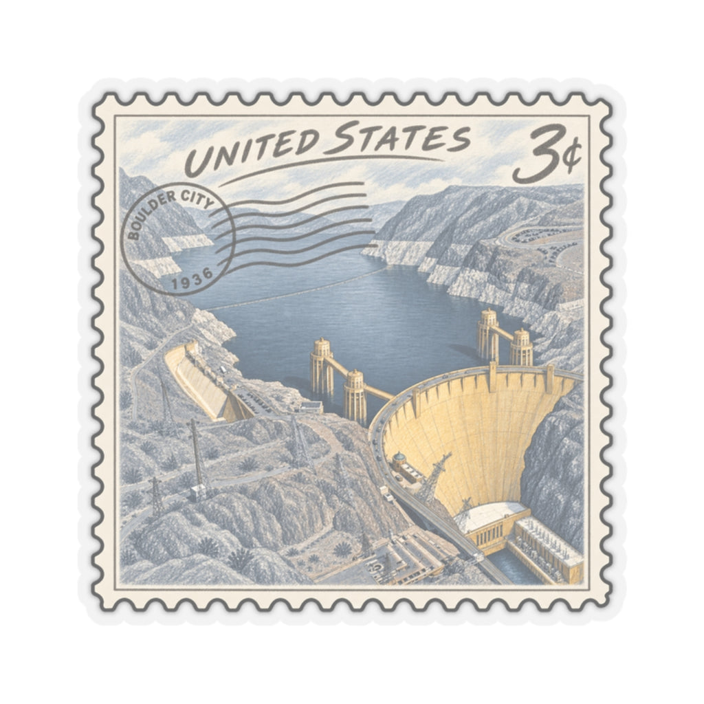 Vintage US postage stamp kiss-cut sticker showing Hoover Dam and reservoir, “3¢”
