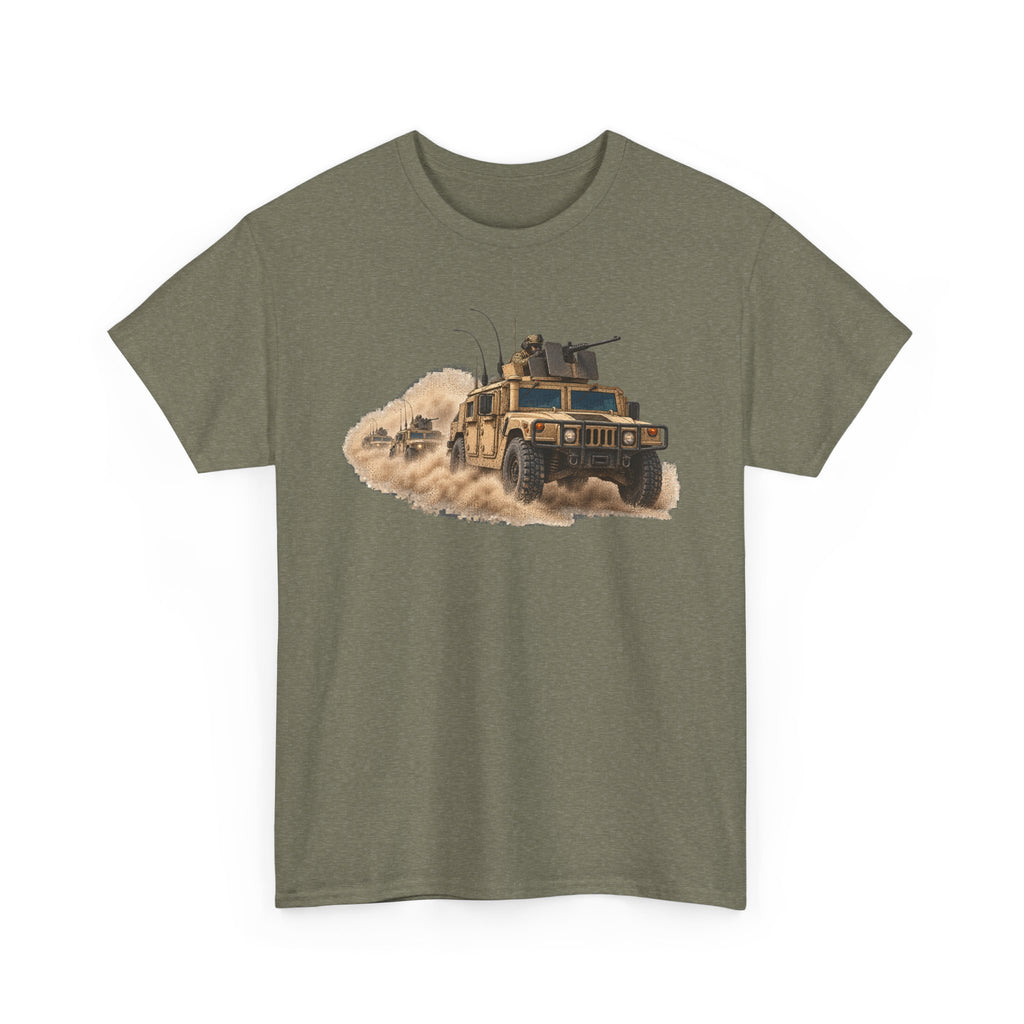 Olive crew-neck T-shirt with armored vehicle graphic over sand dust