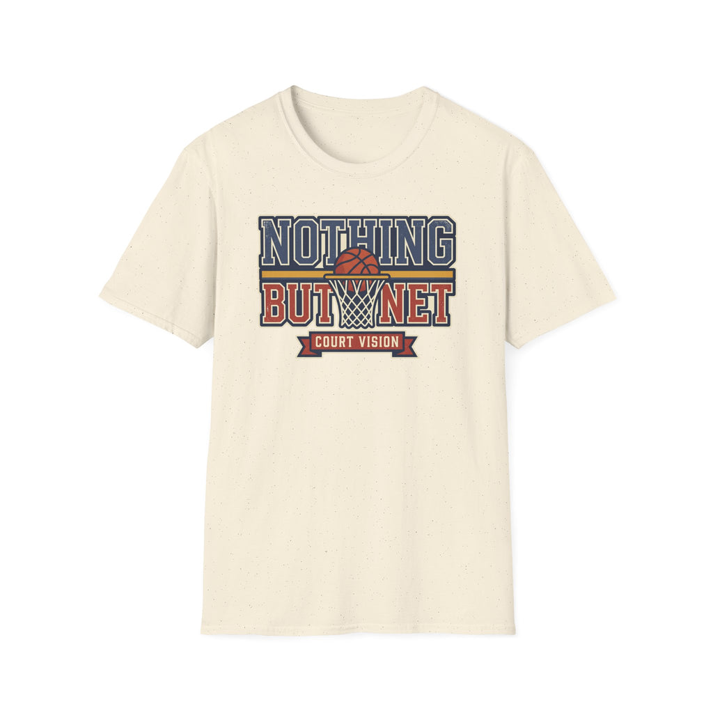 Natural basketball T-shirt with “Nothing But Net” court vision graphic