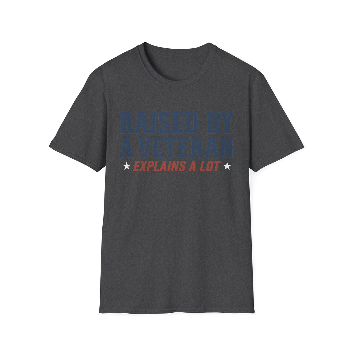 Dark charcoal crewneck T-shirt with 'RAISED BY A VETERAN' and 'EXPLAINS A LOT' graphic
