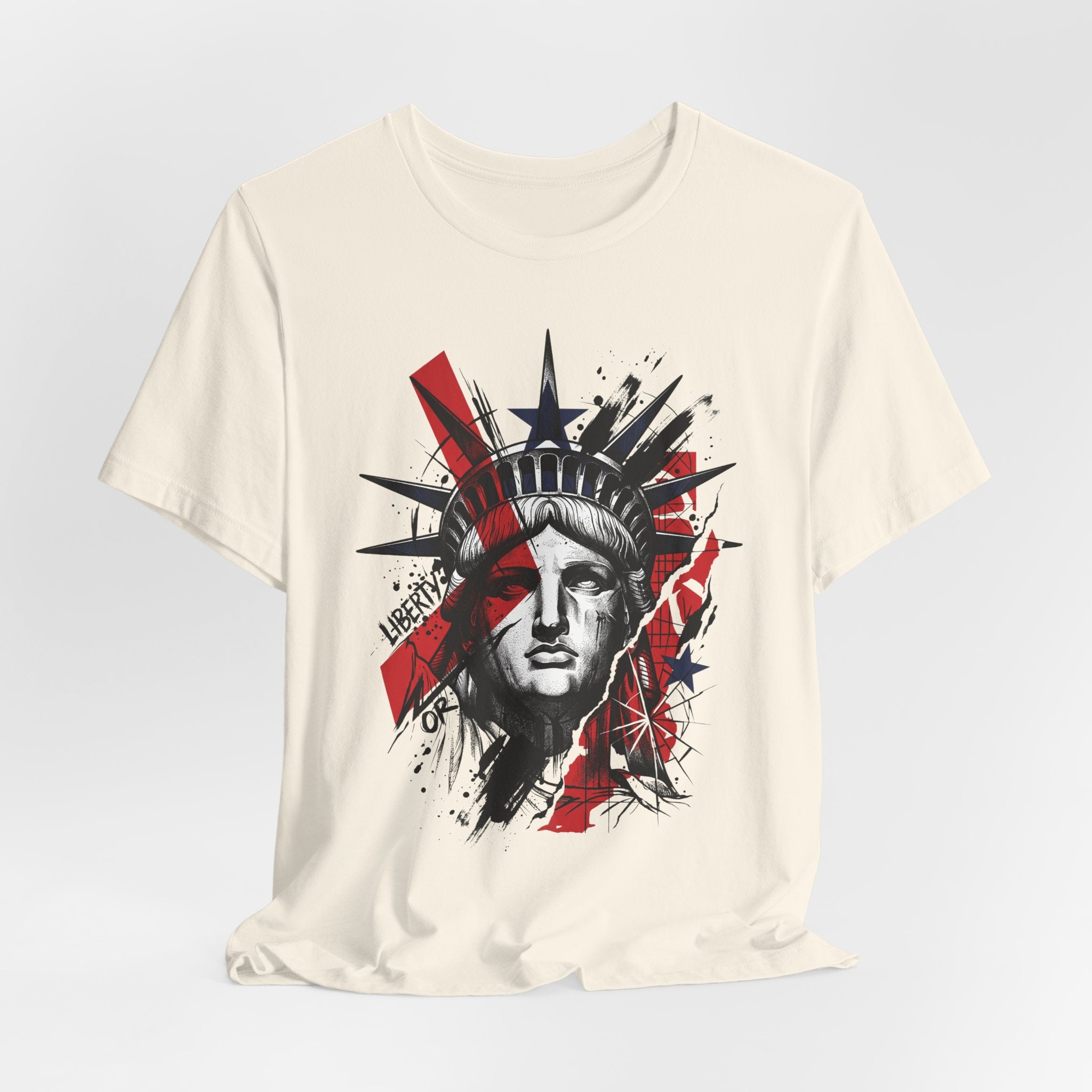 Cream graphic T-shirt with Statue of Liberty face print in red and black