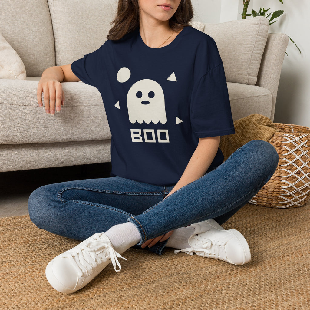 Unisex dark blue T-shirt with white ghost and BOO graphic