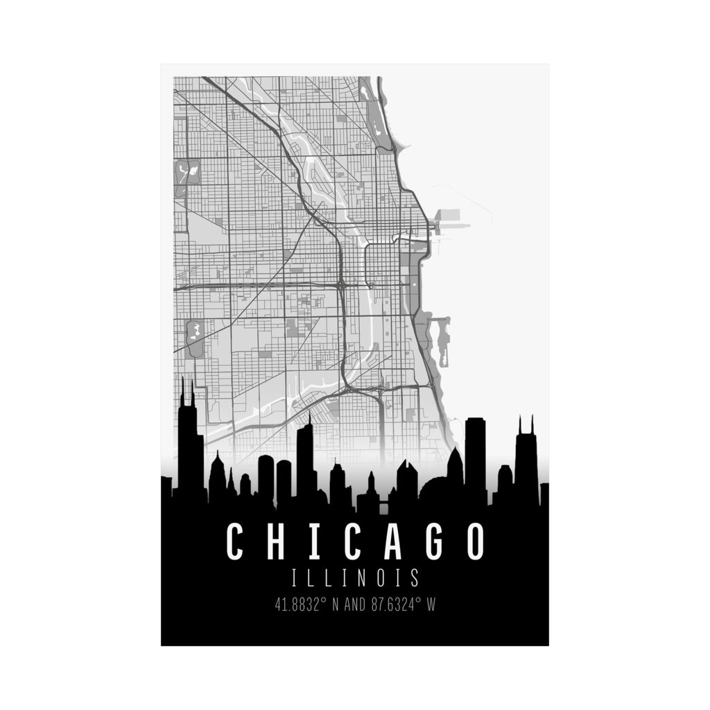Chicago Skyline Map Poster: Stadtkarte mit Flusslinien, Skyline unten, Koordinaten unten