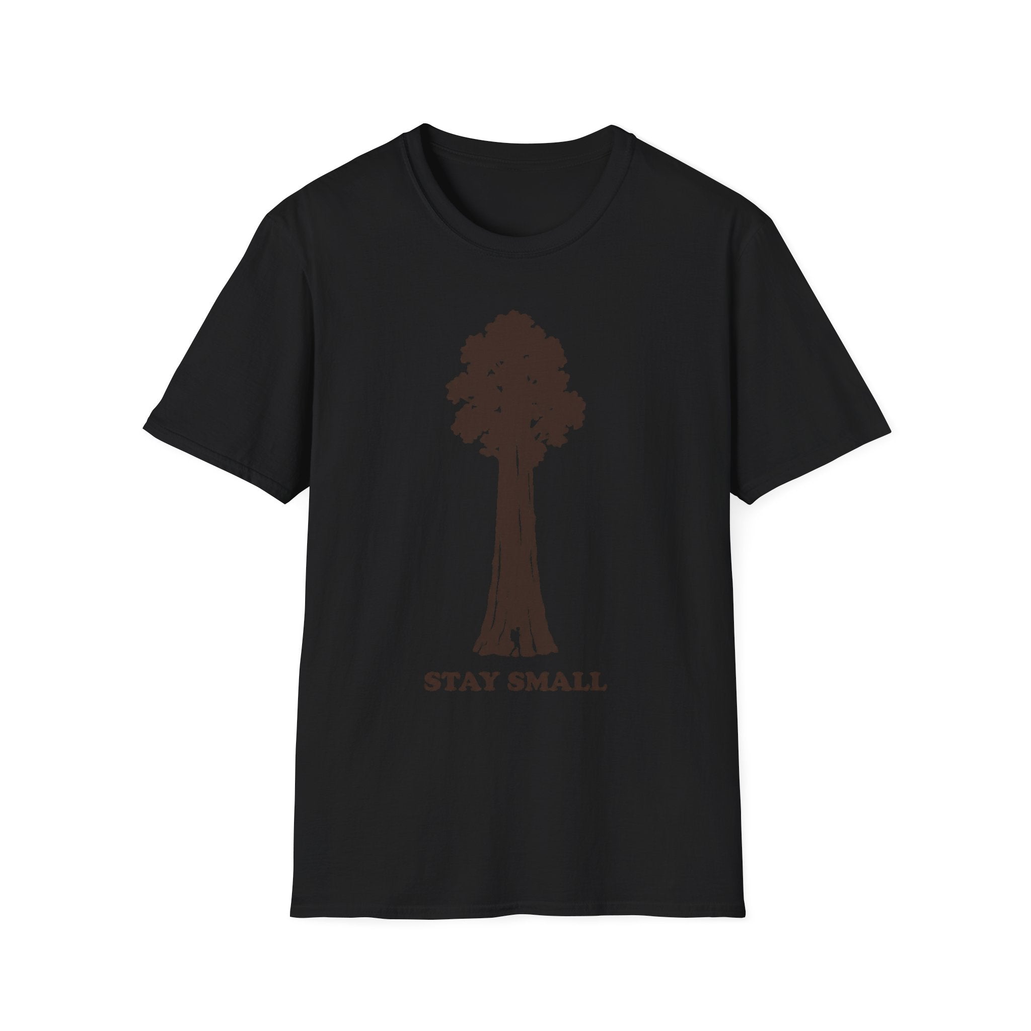 Stay Small T-Shirt, black with Sequoia tree graphic and 'STAY SMALL' text