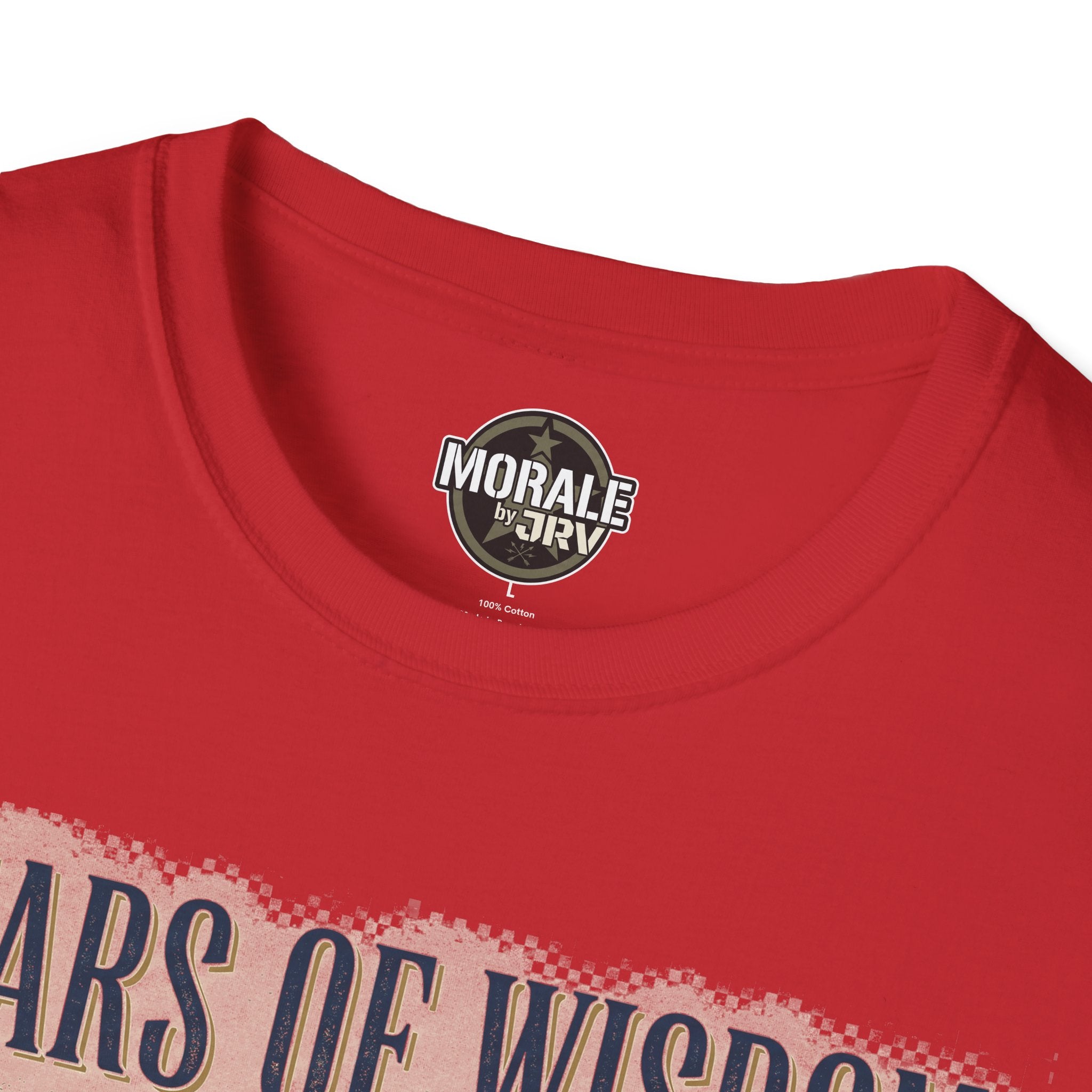 Red T-shirt with chest logo and small “100% Cotton” text