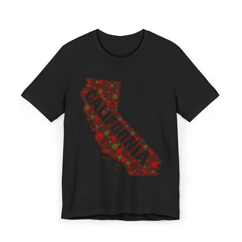 Black T-shirt with California map outline graphic in red and dark dotted pattern