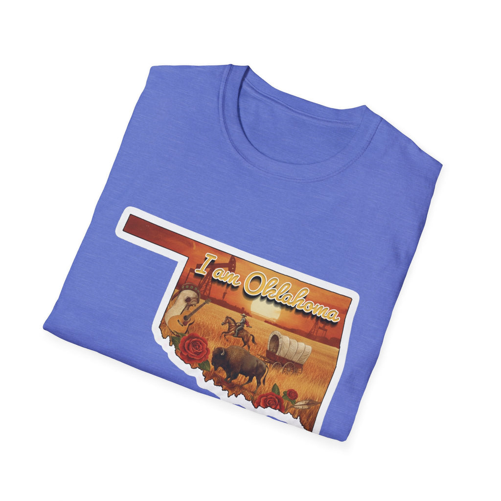 Heather purple Oklahoma State T-shirt with 'I am Oklahoma' cowboy scene print