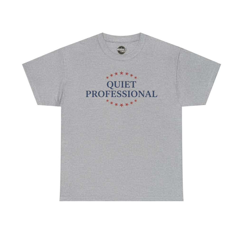 Sport grey crew-neck t-shirt with red star circle and “QUIET PROFESSIONAL” graphic