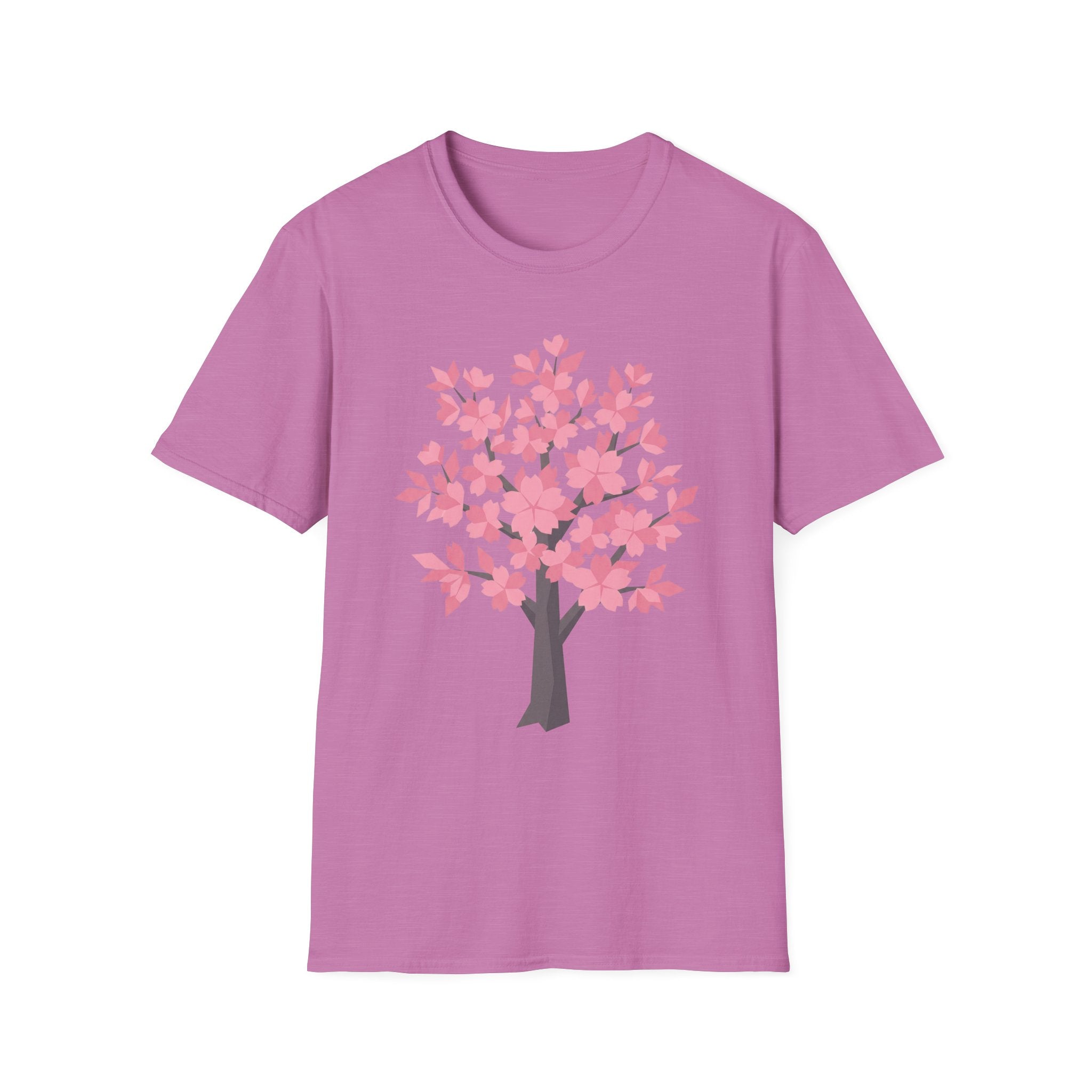 Pink T-shirt with soft pink cherry blossom tree graphic centered on front