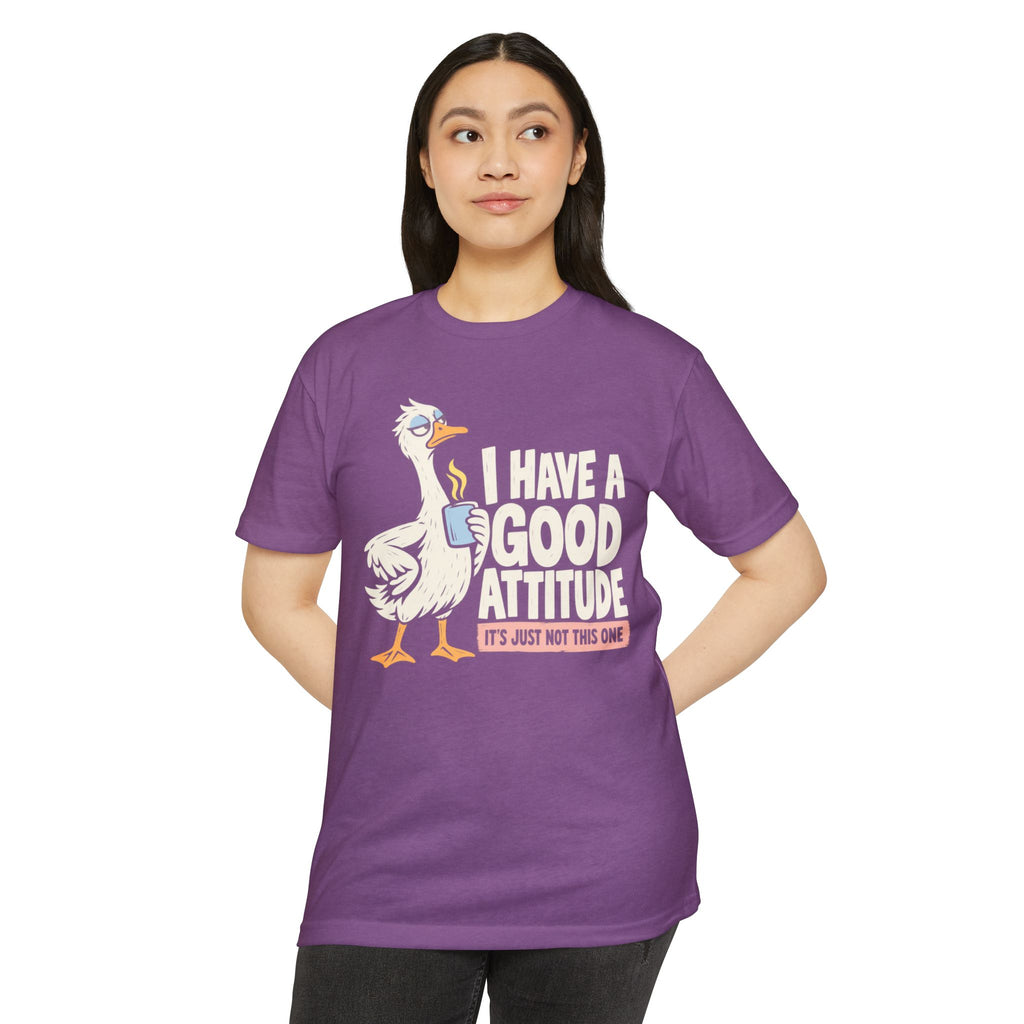 Purple crew-neck T-shirt front print: white rooster with attitude quote text
