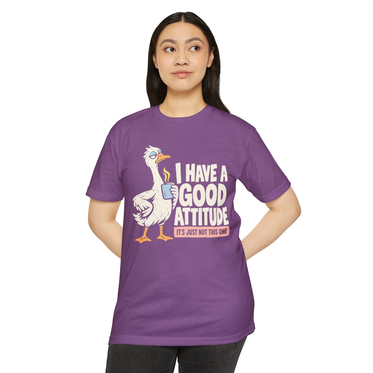 Purple crew-neck T-shirt front print: white rooster with attitude quote text
