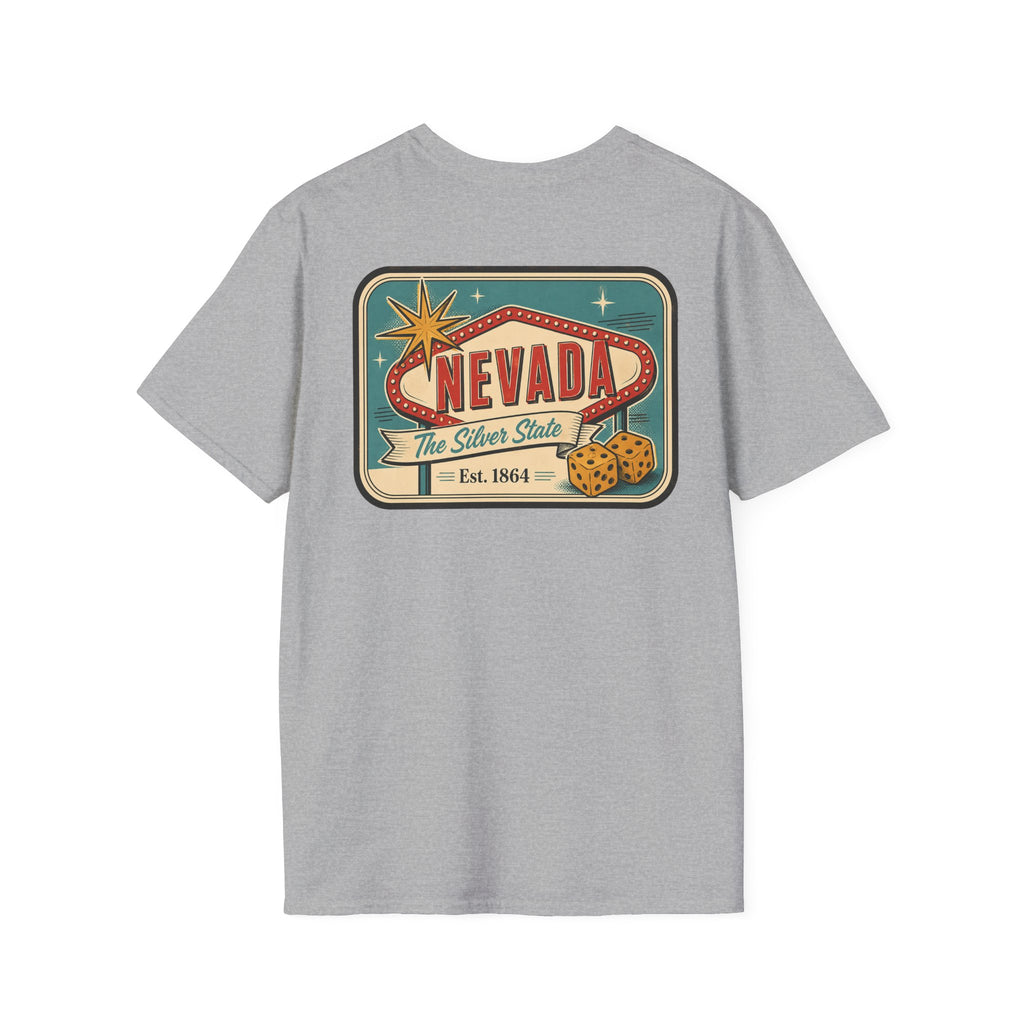 Light gray T-shirt with Nevada luggage tag graphic print on the front