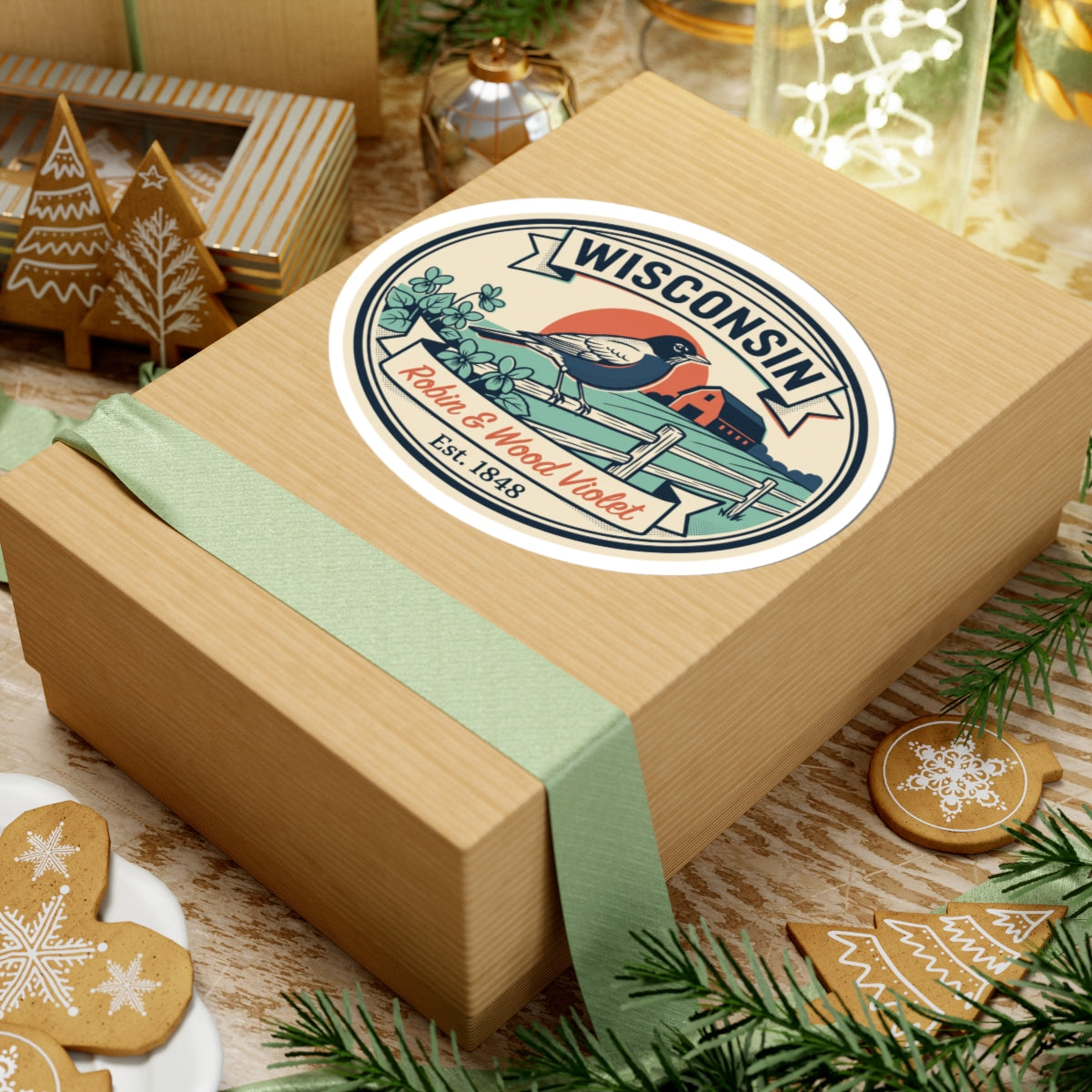Round Wisconsin badge sticker on gift box; robin on fence with flowers and “Est. 1848”.