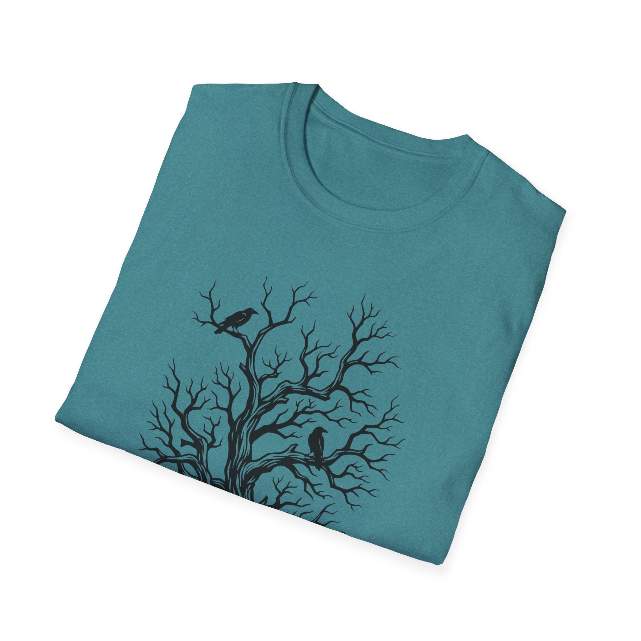 Teal crew-neck T-shirt with bare-branch tree and crow silhouettes graphic