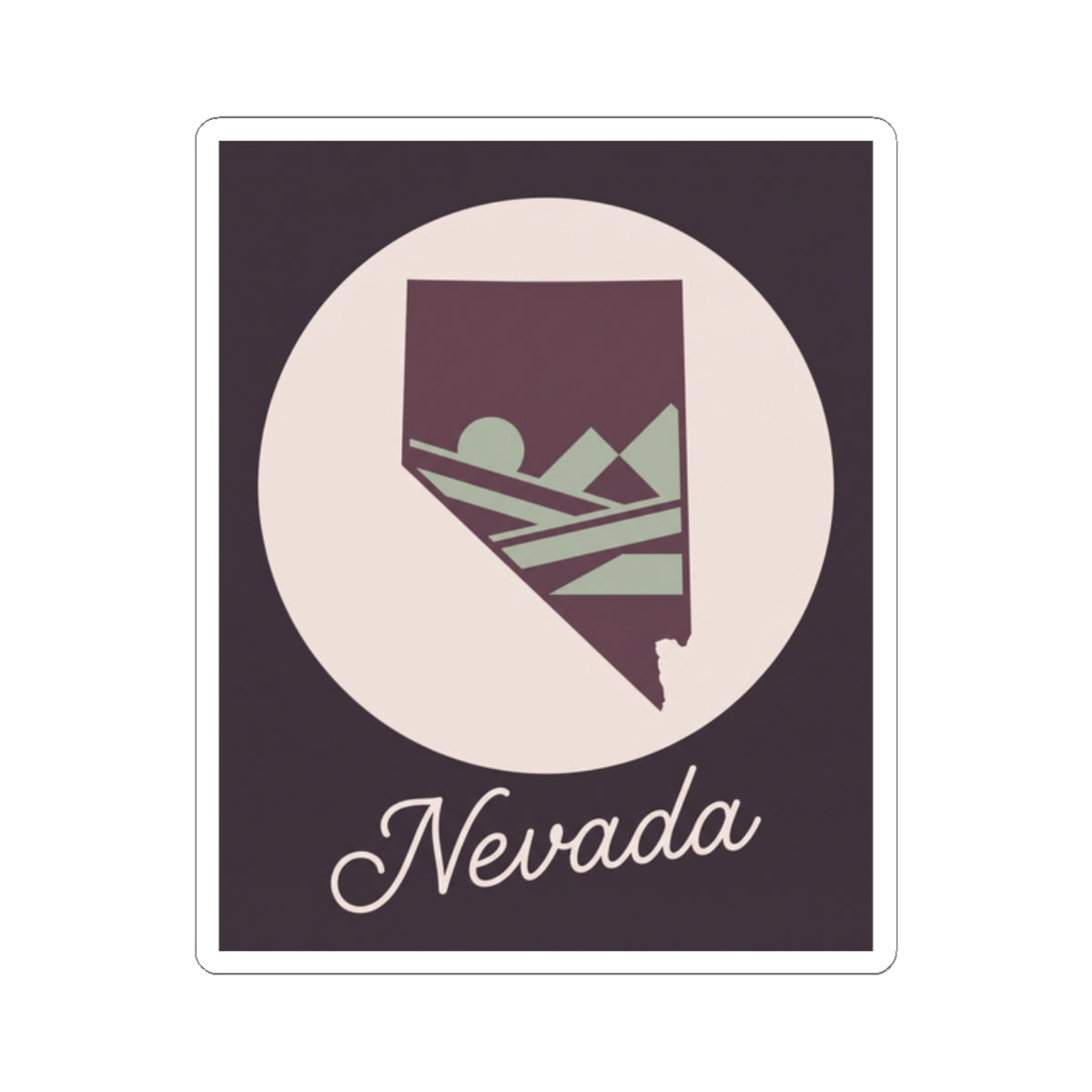 Nevada kiss-cut decal with purple state silhouette, desert mountain scene, script 'Nevada'