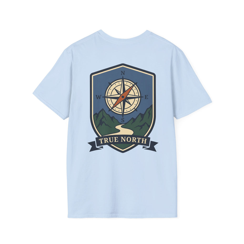 Light blue compass shield T-shirt with illustrated compass rose, mountains, and True North banner