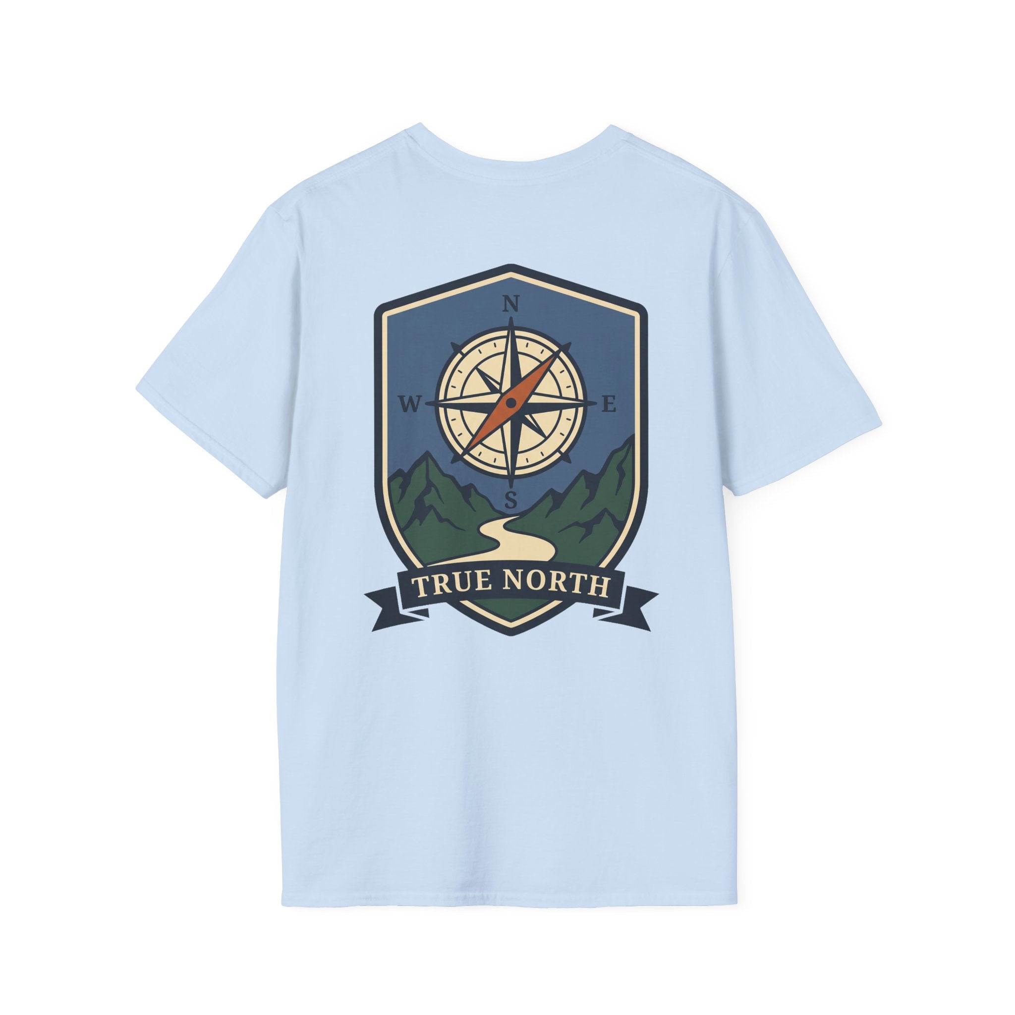 Light blue compass shield T-shirt with illustrated compass rose, mountains, and True North banner