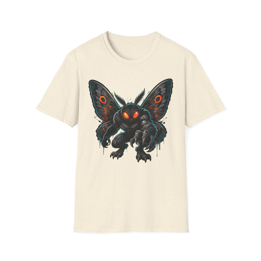 Cream crewneck T-shirt with glowing-eyed moth monster front graphic