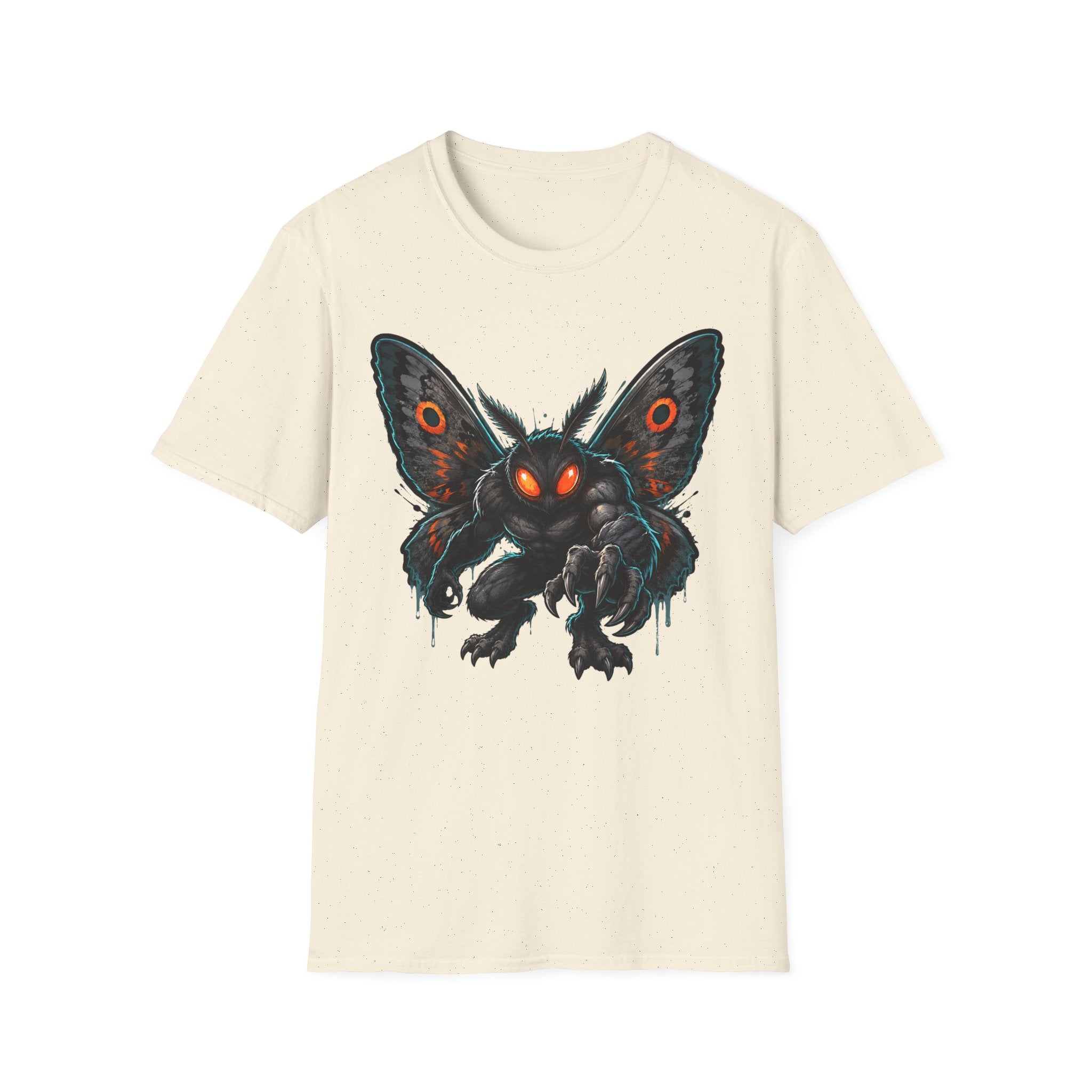 Cream crewneck T-shirt with glowing-eyed moth monster front graphic