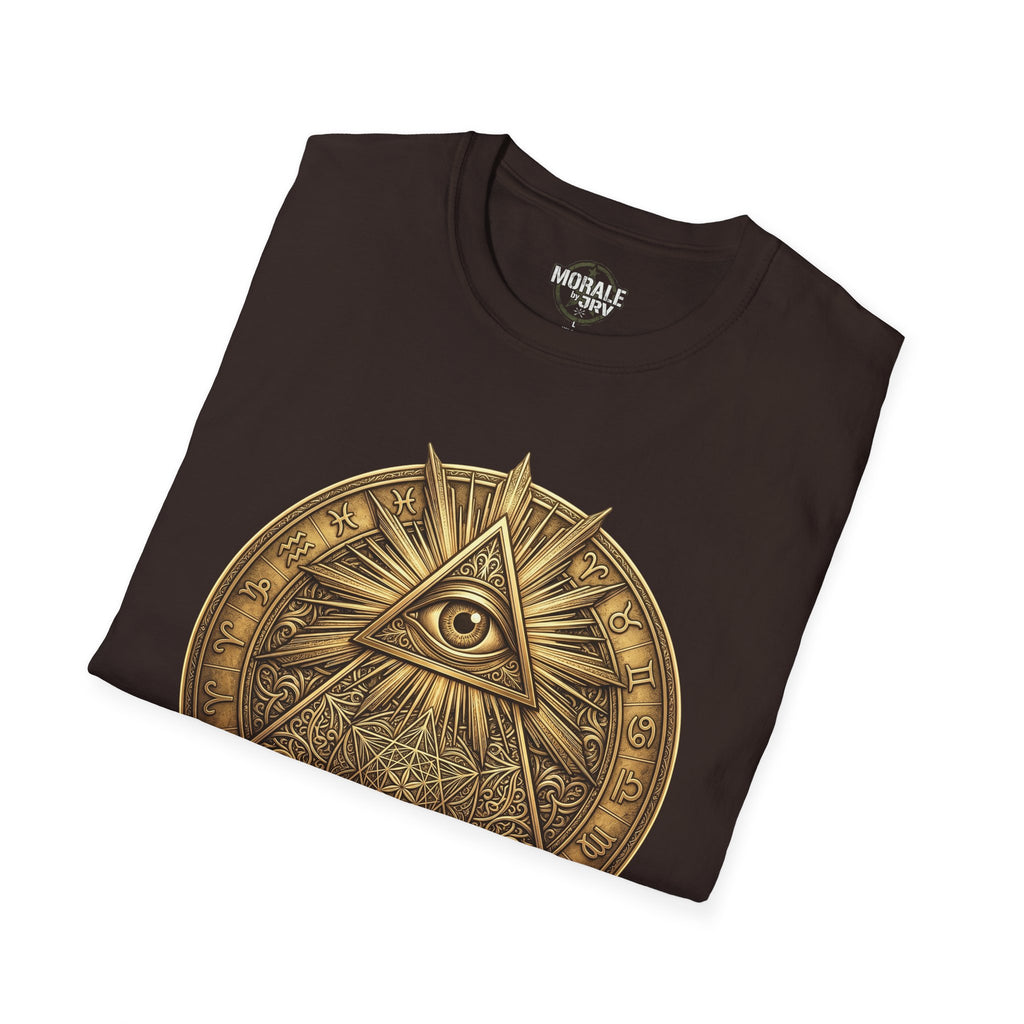 Dark brown T-shirt with gold all-seeing eye mandala graphic, crew neck