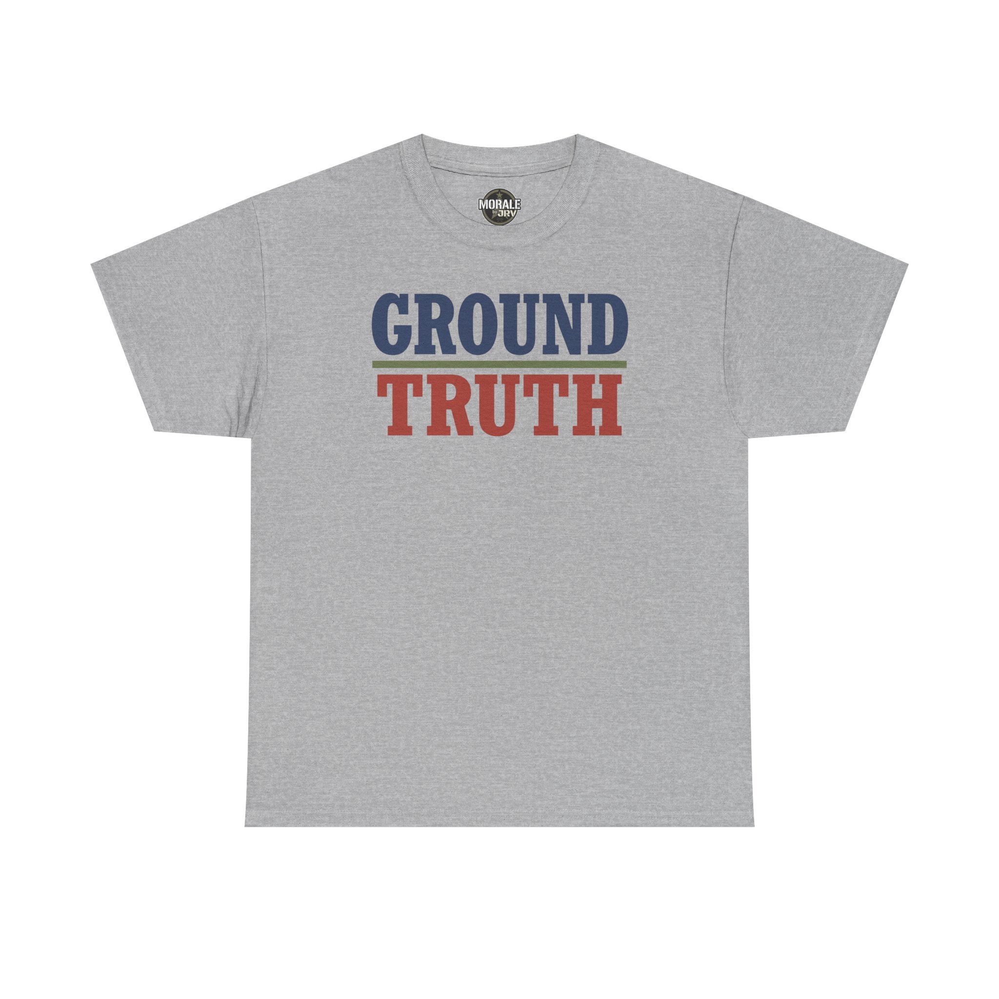 Gray crew-neck T-shirt with 'GROUND TRUTH' graphic print on chest